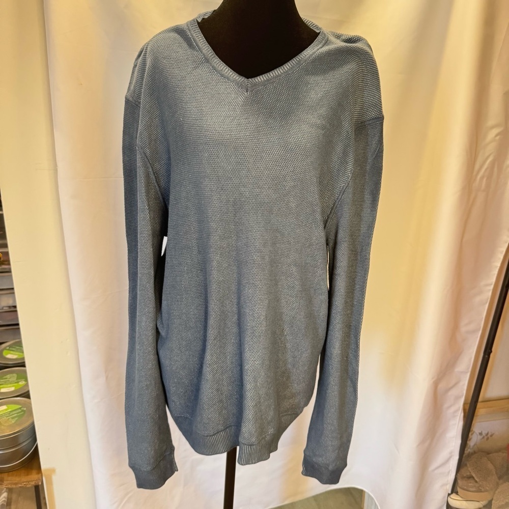 Tommy Bahama Men’s Silk/Cotton Blend V-neck Sweater, Blue Woven Pattern Sz XL
